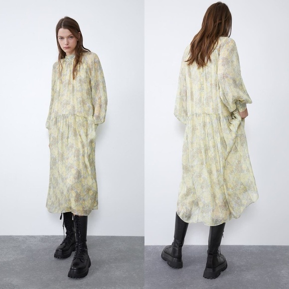 Zara METALLIC THREAD PRINTED DRESS-LIGHT YELLOW-7521/311 - Picture 3 of 16